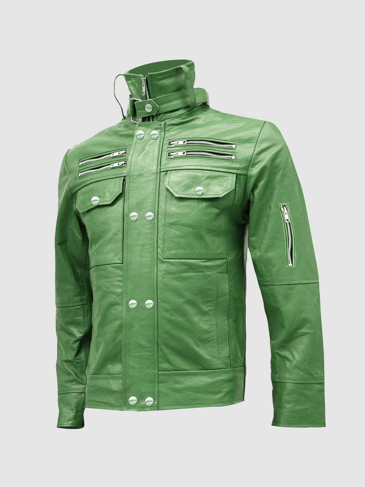 High Collar Green Leather Biker Jacket