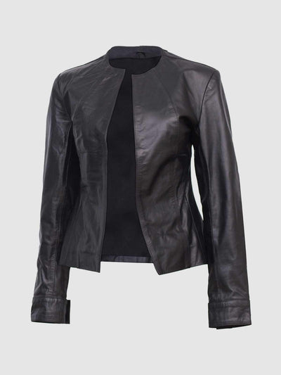Women's Collarless Black Leather Jacket