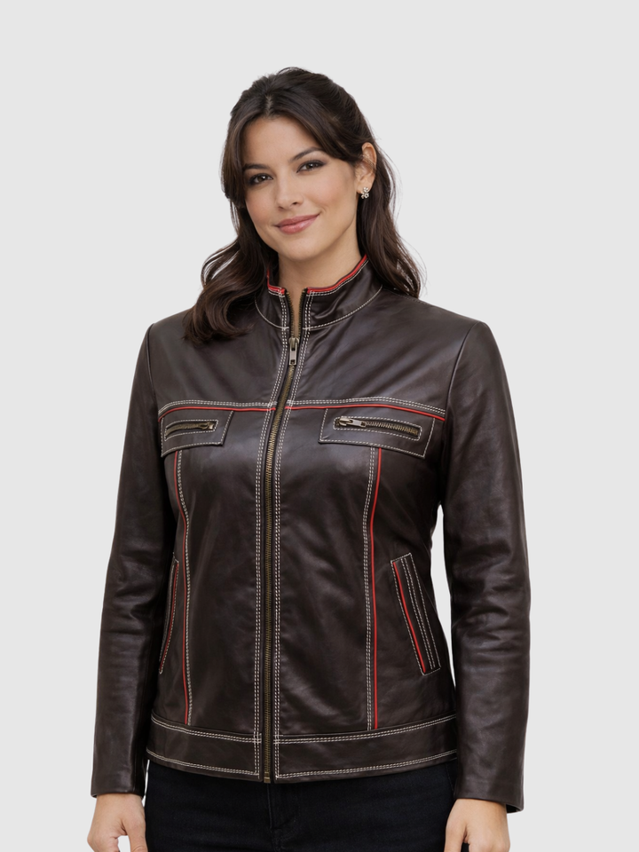 Multicolor High Collar Leather Jacket front view