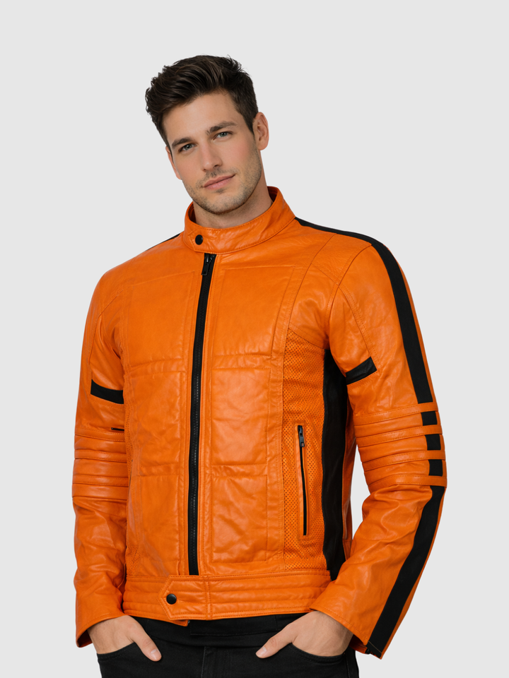 Orange Leather Biker Jacket Cowhide front view
