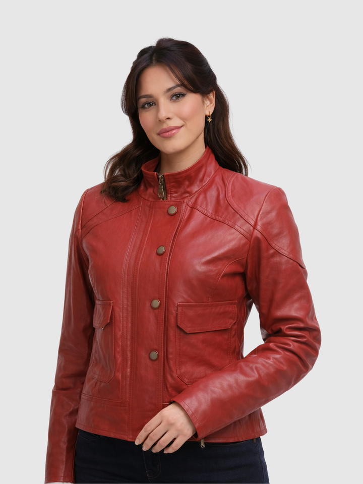 Classic Maroon Leather Jacket front view