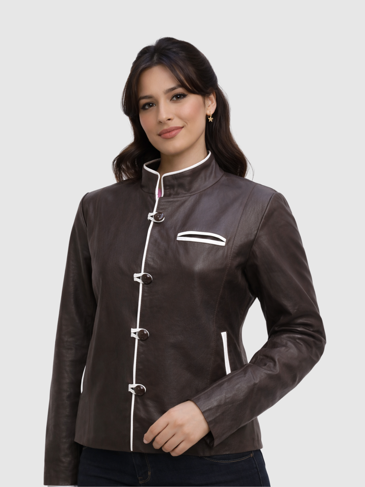 Brown &amp; White Leather Jacket front view