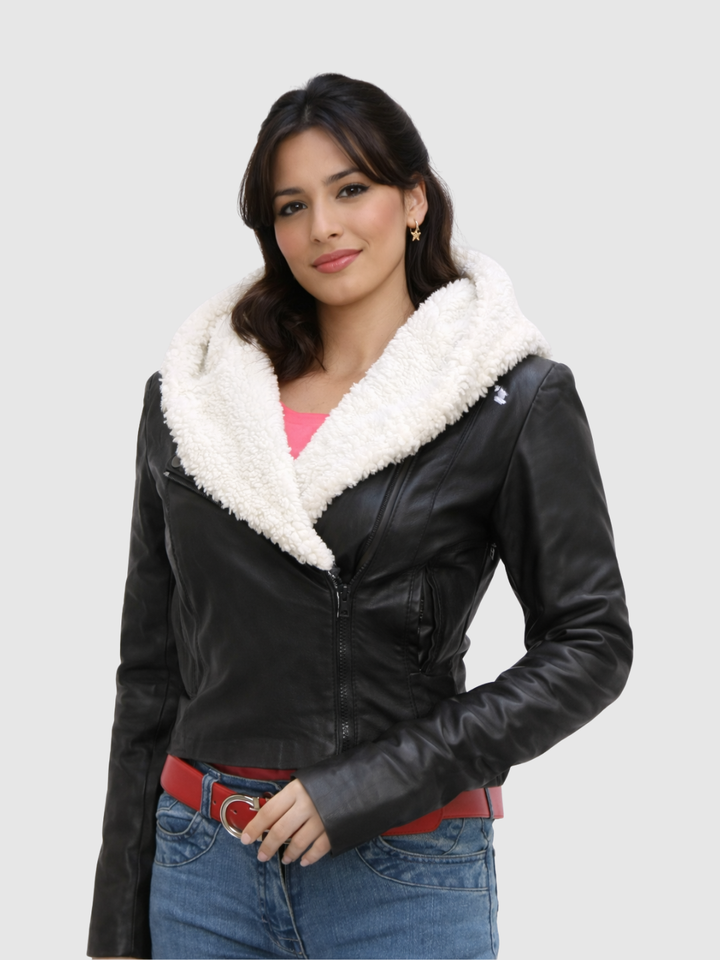 Black Leather Jacket with Fur front view