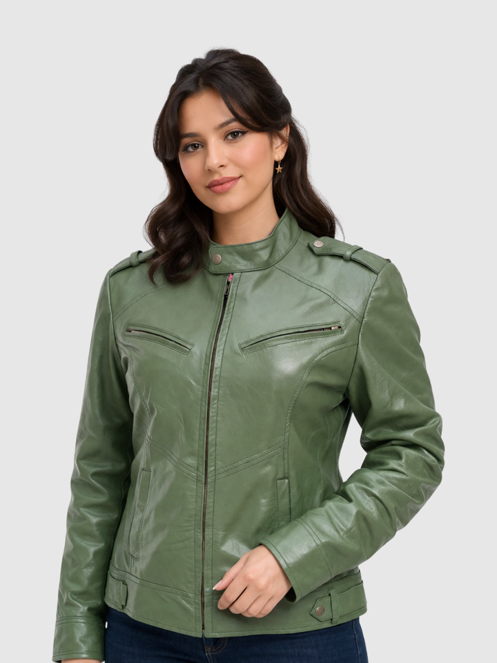 Green Leather Biker Jacket front view