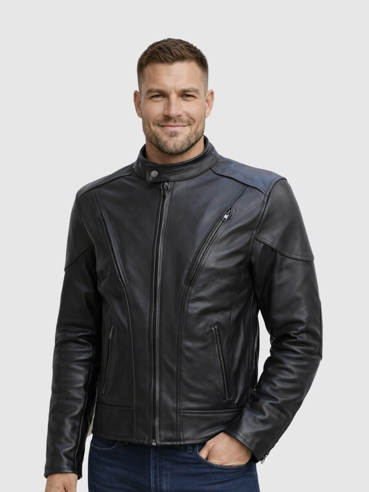 Classic Black Motorcycle Jacket front view