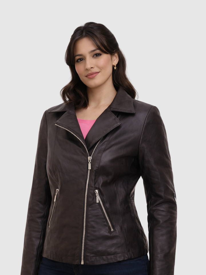 Brown Leather Biker Jacket front view