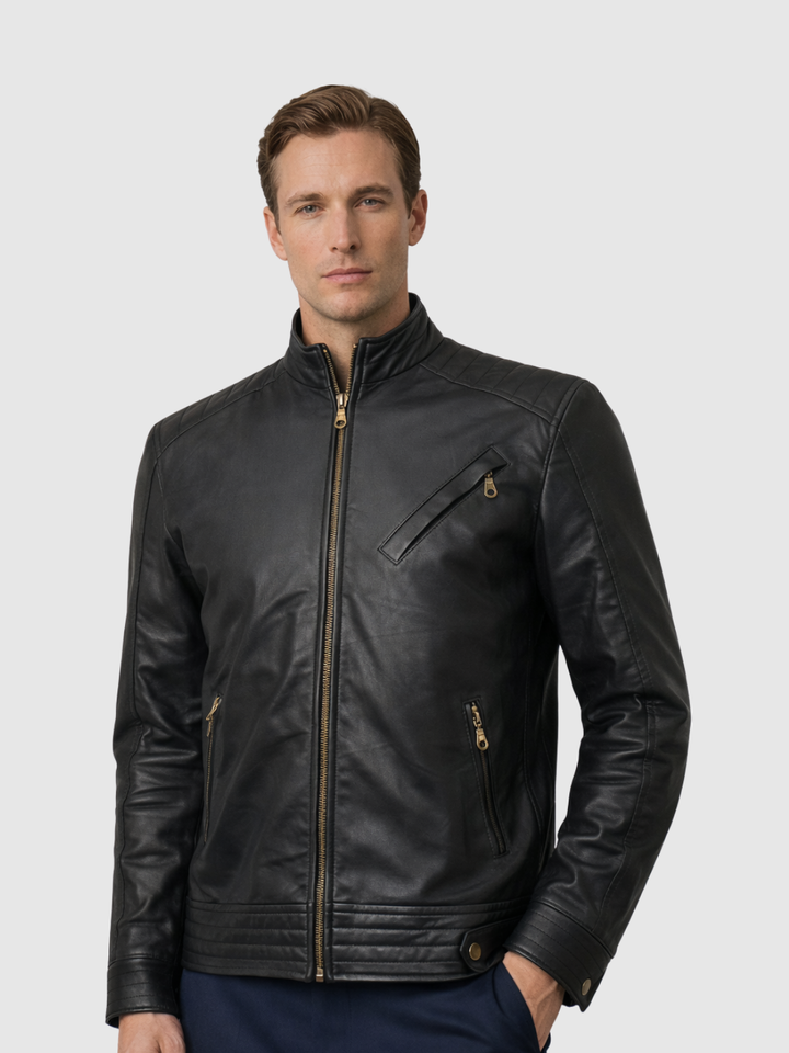 Quilted Leather Motorcycle Jacket front view