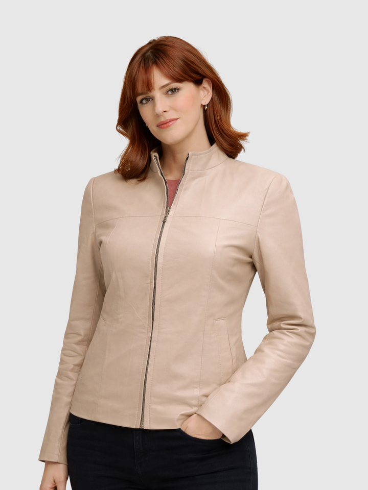 Classic Beige Leather Jacket front view