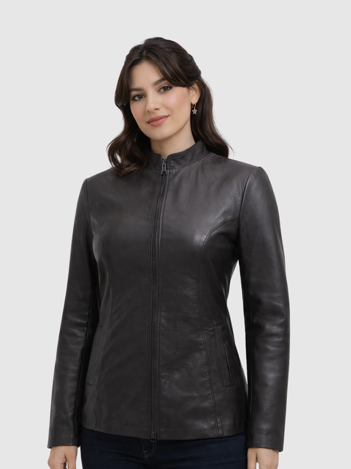 Slim Fit Black Leather Jacket front view
