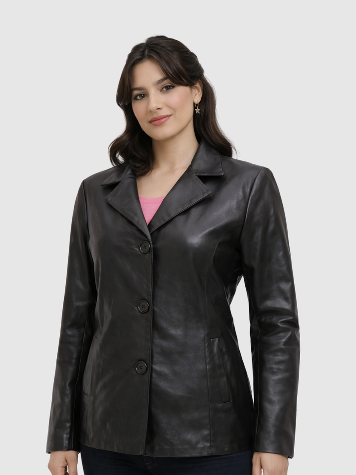 3 Button Black Leather Blazer
