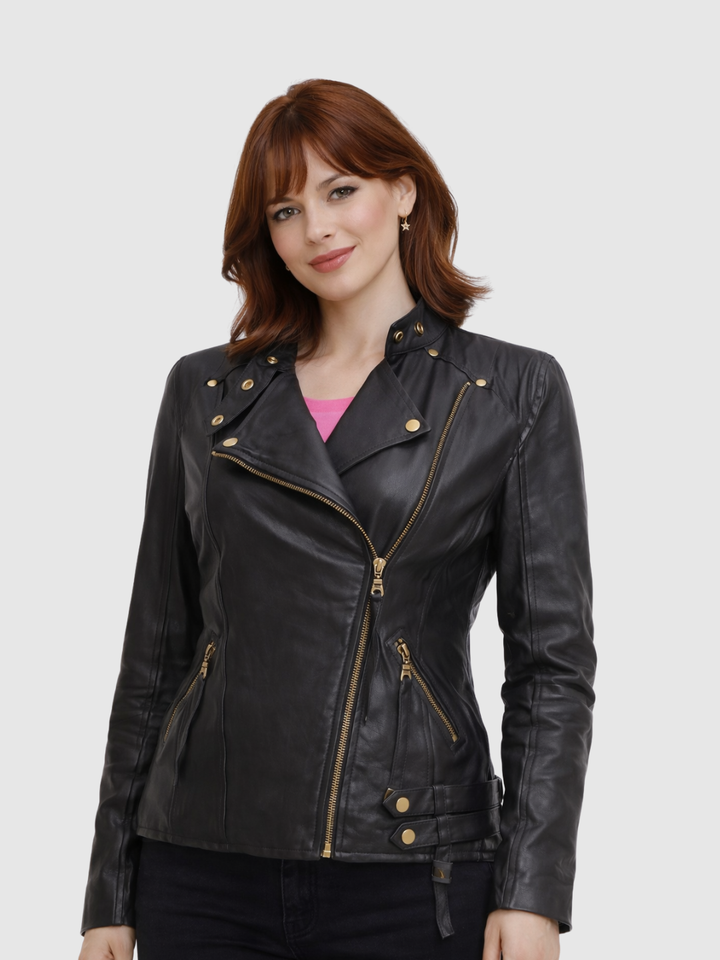 Black Gold Zipper Riding Jacket front view