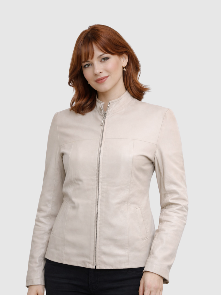 Beige Slim Fit Cream Leather Jacket front view