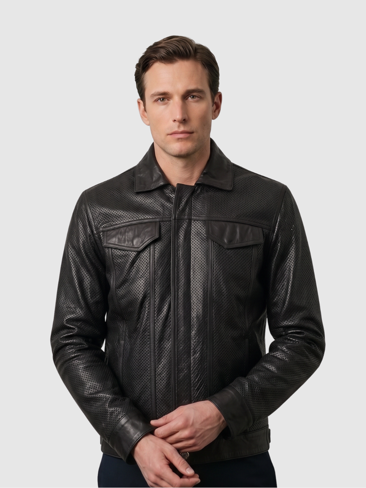 Black Biker Perforated Leather Jacket – Motorcycle Casual Style