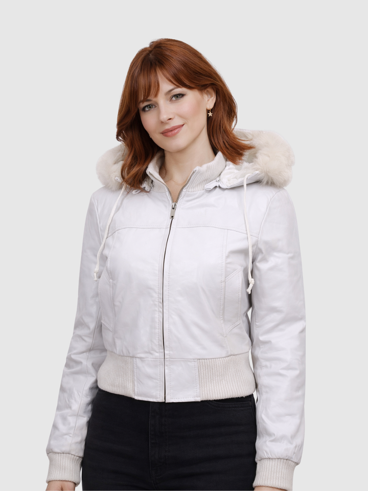 White Fur Leather Jacket front view