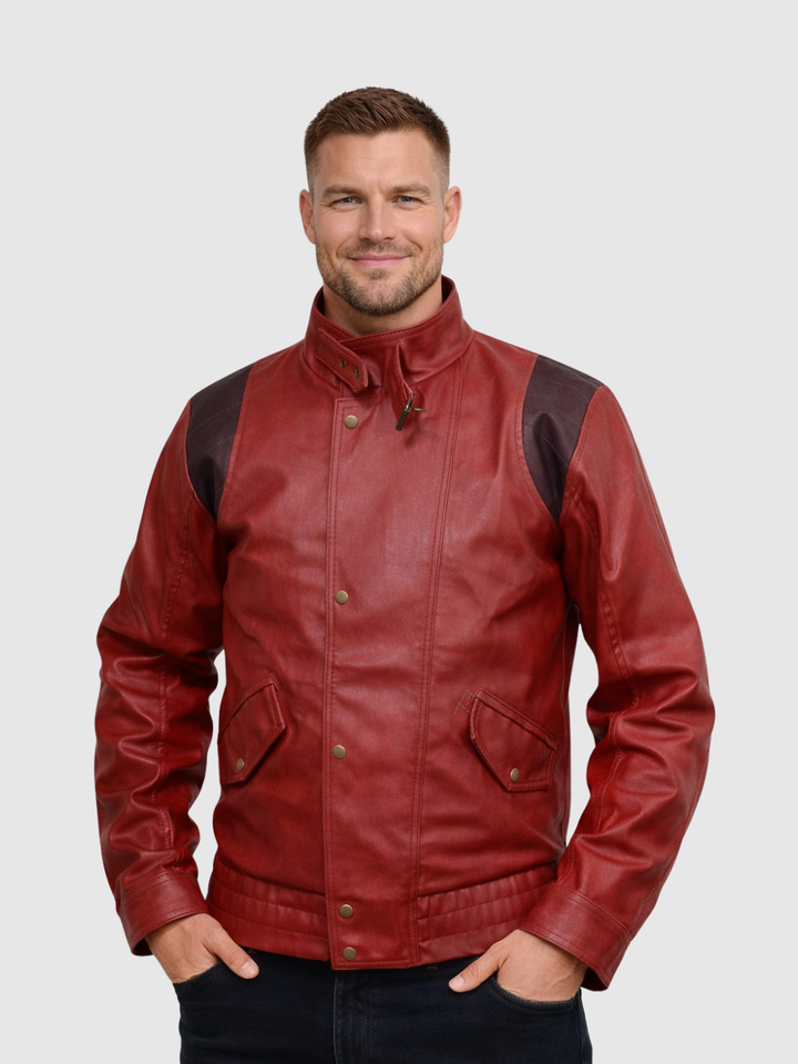 Multicolor Red Leather Bomber Jacket front view