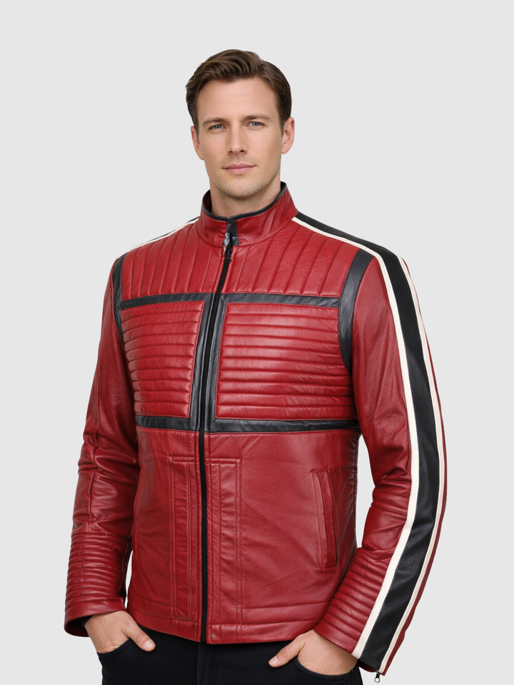 Multicolor Red Leather Quilted Jacket front view