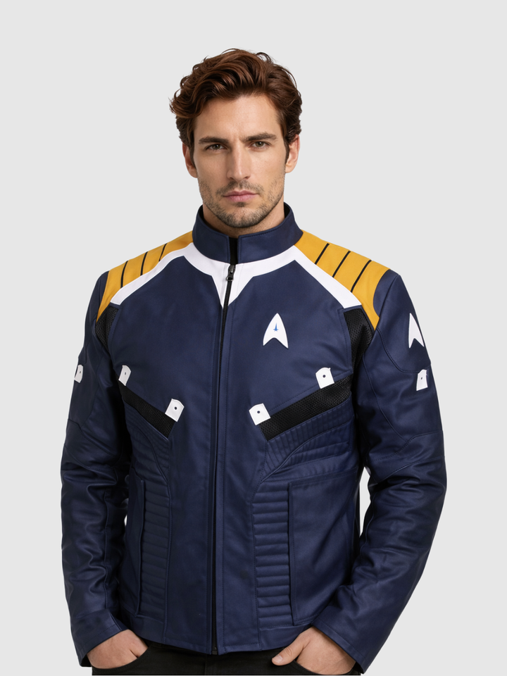 Multicolor Blue Leather Jacket front view