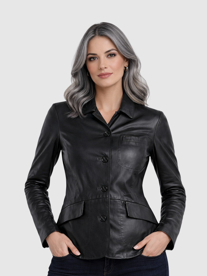 Lady Luxe Button Leather Coat front view