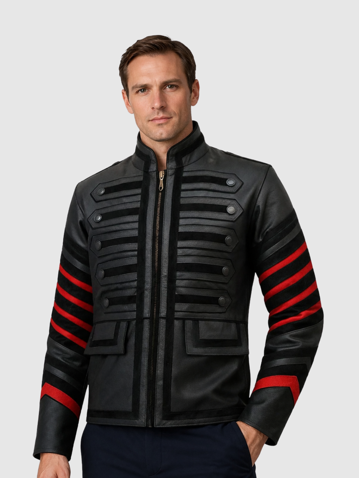 Black Military Leather Jacket front view