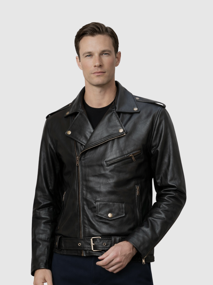 Classic Leather Black Biker Jacket front view