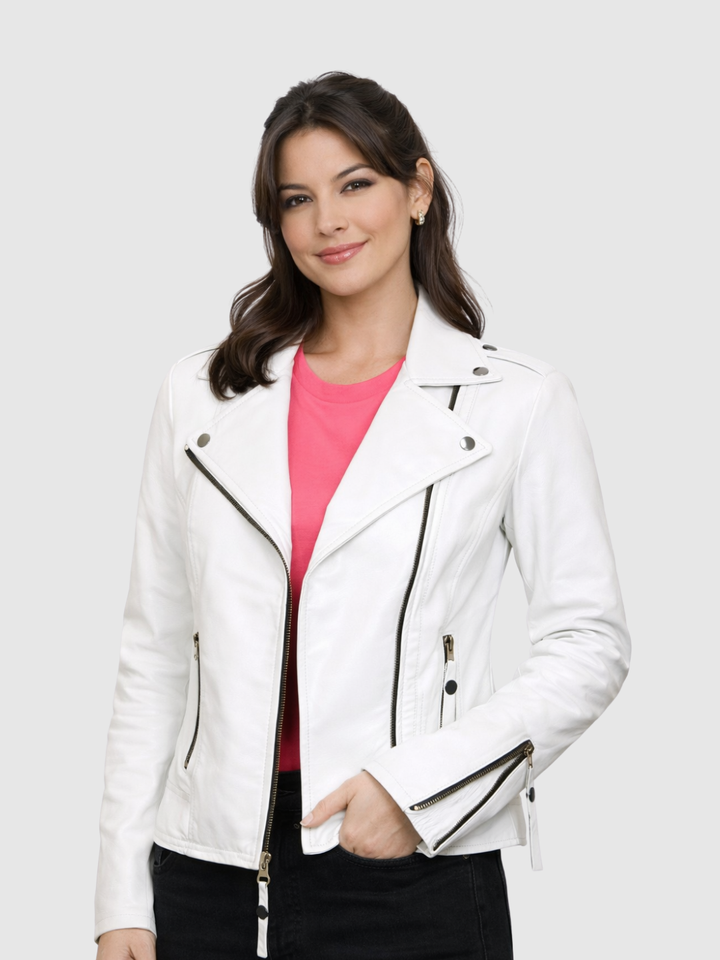 White Leather Moto Jacket front view