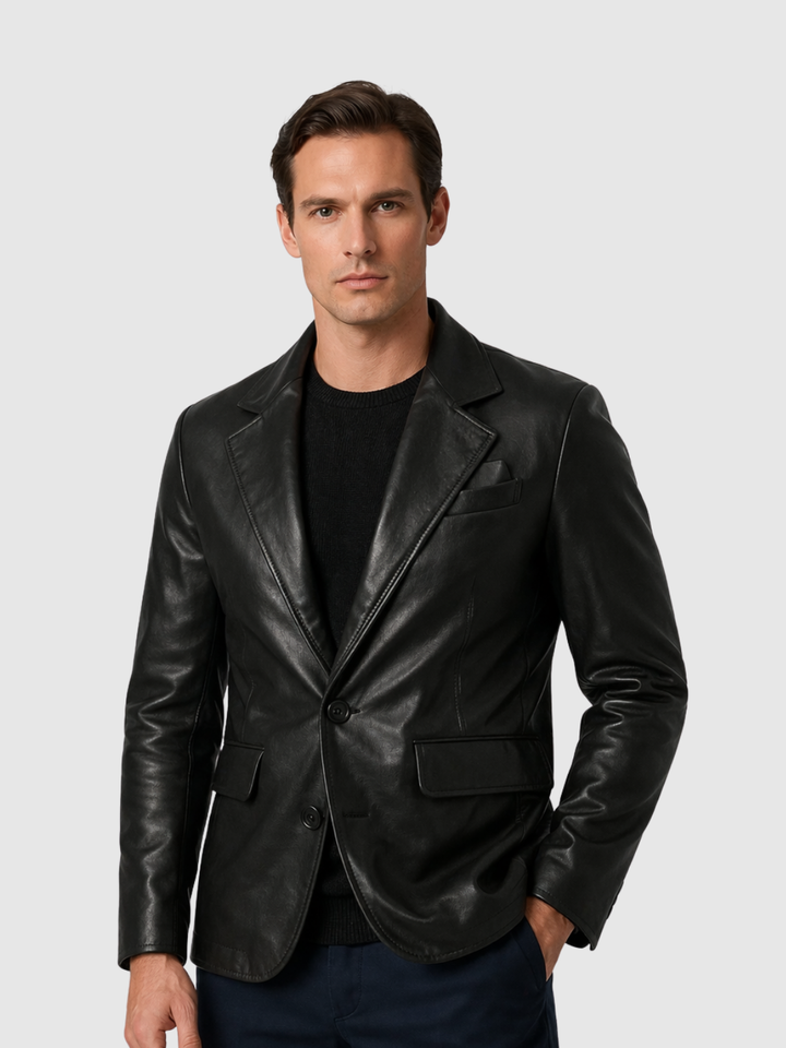 Classic Black Leather Coat front view