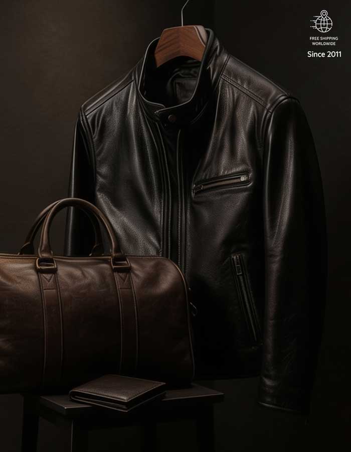 Best leather jacket for men displayed with premium leather travel bag and luxury accessories as a Father's Day gift idea in 2026