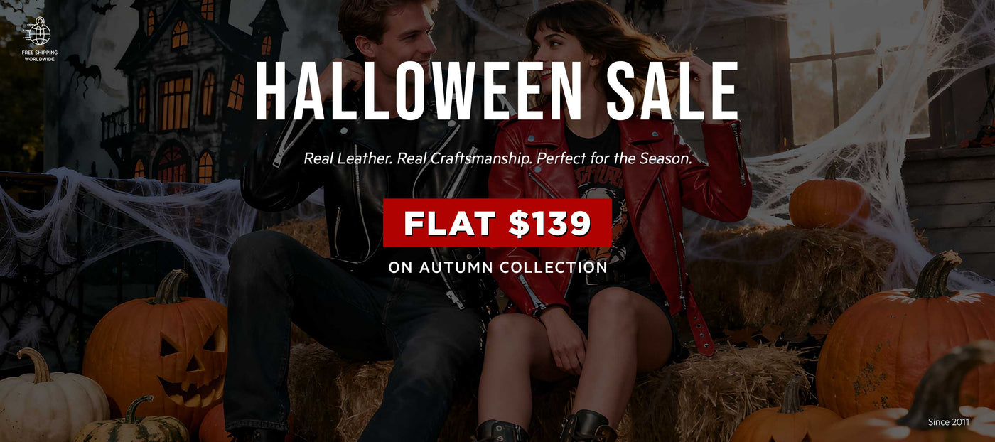 Spooky Halloween leather jacket sale banner showcasing premium men’s and women’s leather outerwear by Leather Jacket Master. Limited-time fall fashion deals with free shipping.