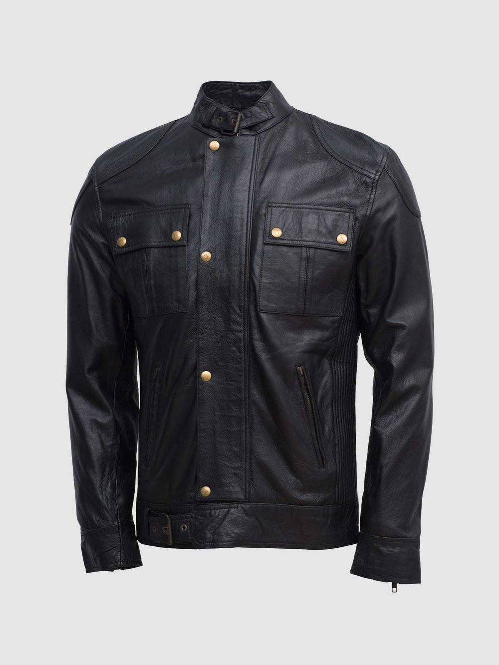 Golden Buttons Leather Jacket front view