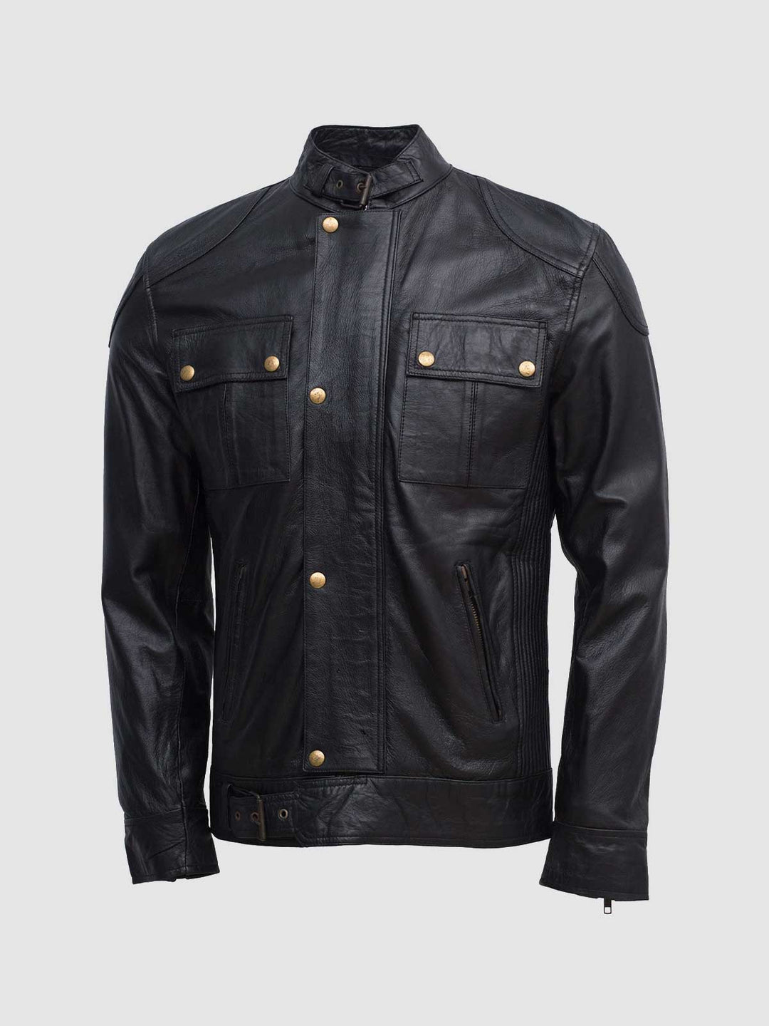 Golden Buttons Leather Jacket front view