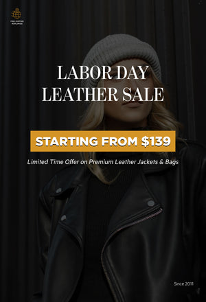 Labor Day 2025 mobile banner showcasing men’s and women’s leather jackets and bags on sale at Leather Jacket Master