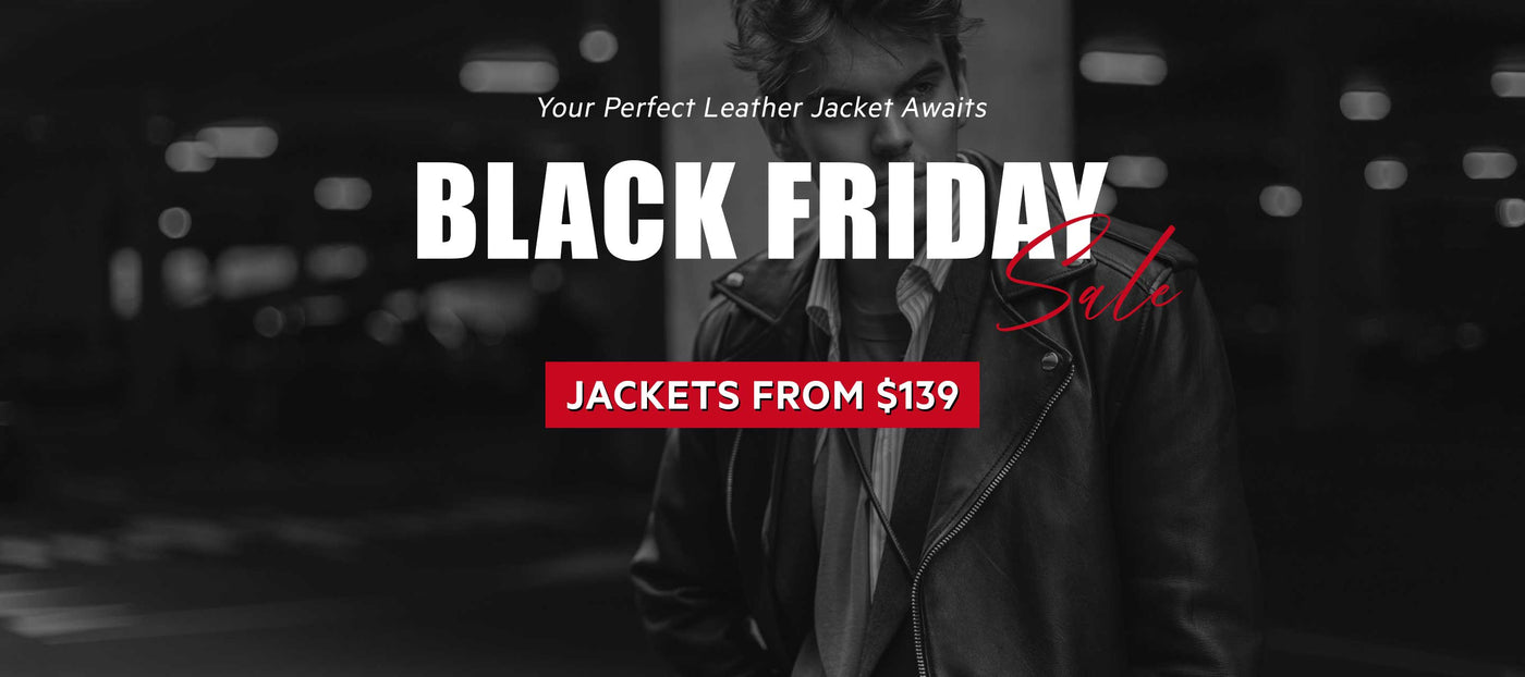 Black Friday leather jacket sale banner featuring premium men’s and women’s leather jackets starting at $139, limited-time discount, stylish leather jackets for fall and winter fashion