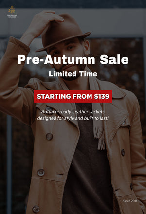 Pre-Autumn Sale banner featuring new arrival leather jackets starting at $139, stylish outerwear for men and women.