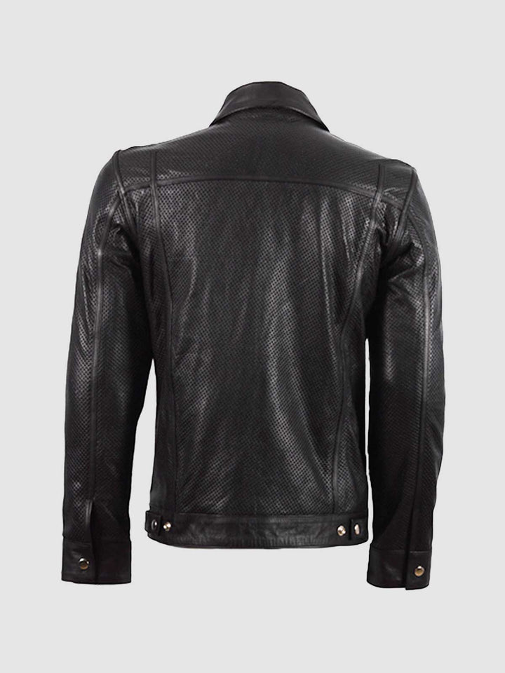 Black Biker Perforated Leather Jacket – Motorcycle Casual Style