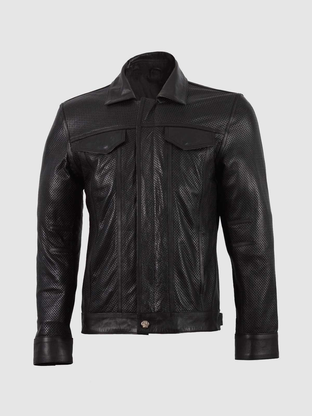 Black Biker Perforated Leather Jacket – Motorcycle Casual Style