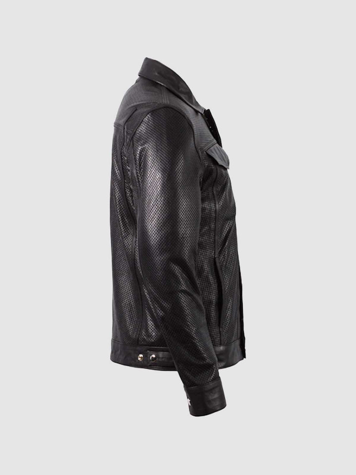 Black Biker Perforated Leather Jacket – Motorcycle Casual Style
