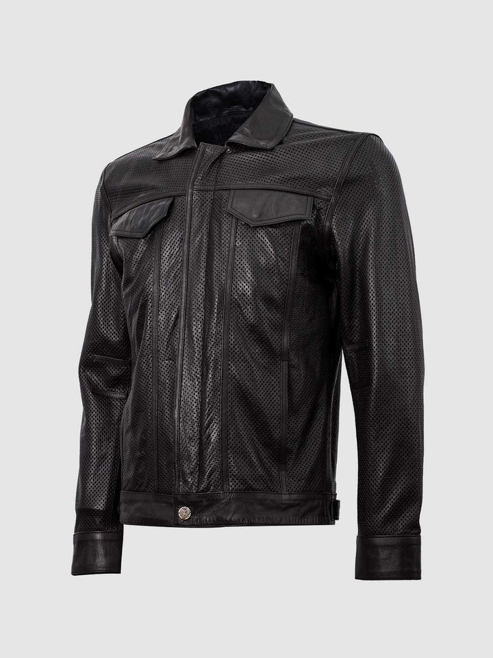 Black Biker Perforated Leather Jacket – Motorcycle Casual Style