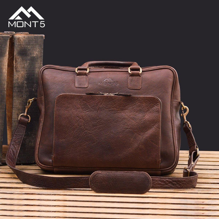MONT5 Hushay Vintage Brown Leather Briefcase - Leather Jacket Shop