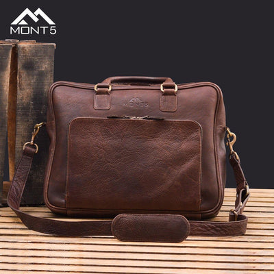 MONT5 Hushay Vintage Brown Leather Briefcase - Leather Jacket Shop