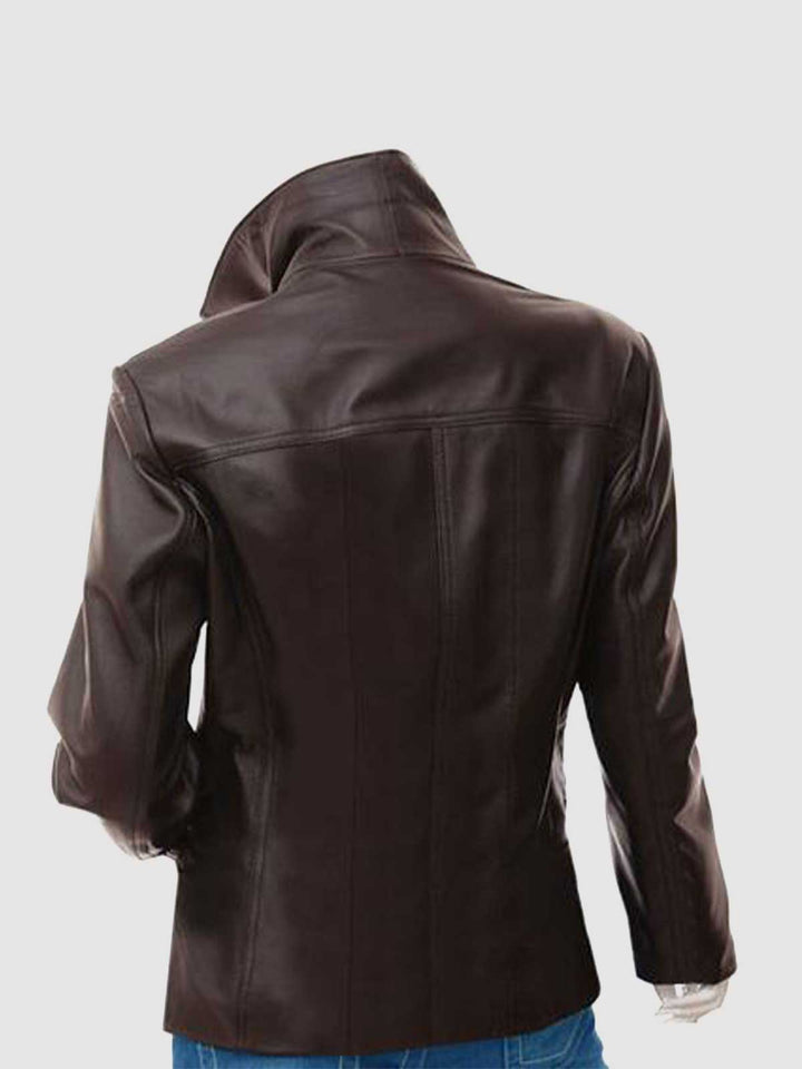 Women 2 Button Brown Leather Coat