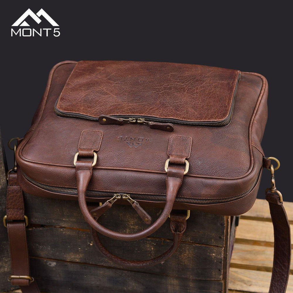 MONT5 Hushay Vintage Brown Leather Briefcase - Leather Jacket Shop