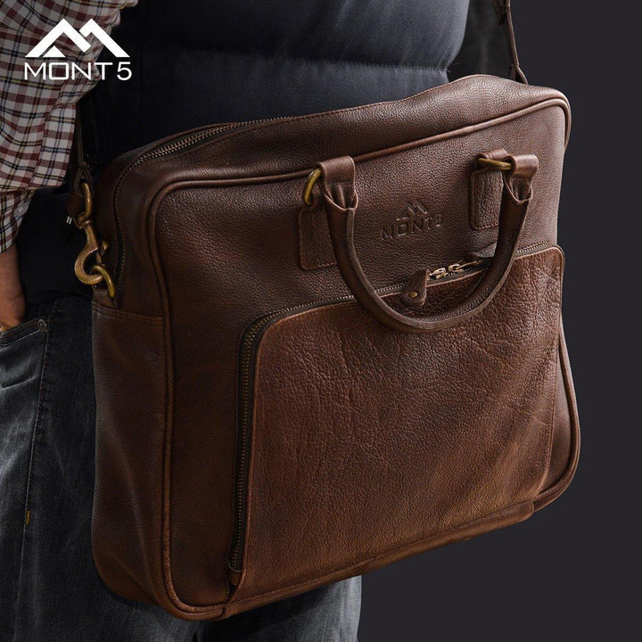 MONT5 Hushay Vintage Brown Leather Briefcase - Leather Jacket Shop