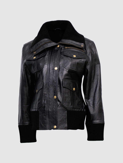 Women's Black Leather Bomber Jacket