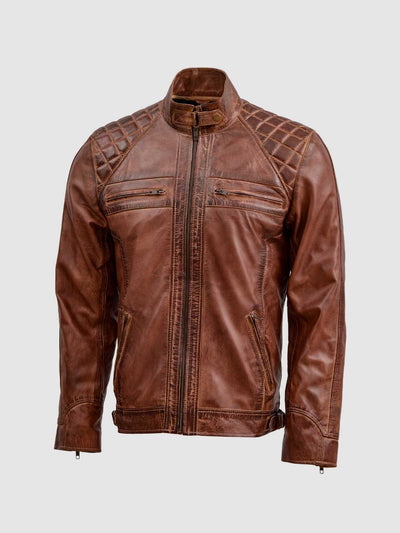 Men's Waxed Brown Leather Biker Jacket