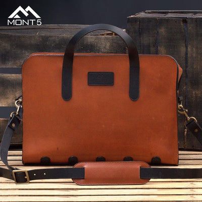 MONT5 Ganish Handcrafted Vintage Tan Leather Briefcase - Leather Jacket Shop