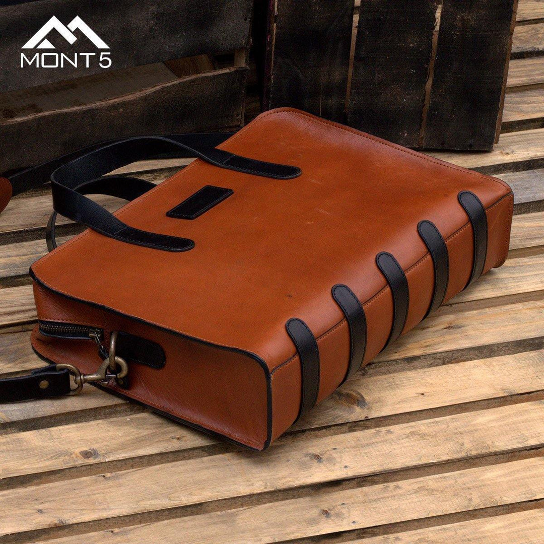 MONT5 Ganish Handcrafted Vintage Tan Leather Briefcase - Leather Jacket Shop