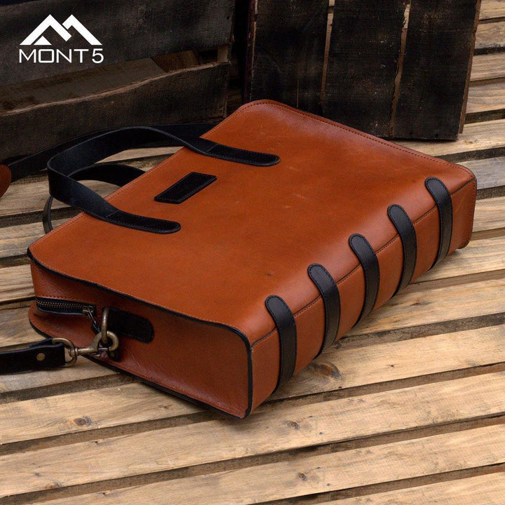 MONT5 Ganish Handcrafted Vintage Tan Leather Briefcase - Leather Jacket Shop