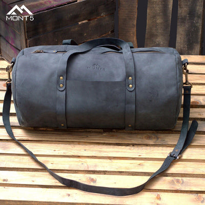 MONT5 Shangrila Charcoal Black Sports Leather Travel Duffel - Leather Jacket Shop