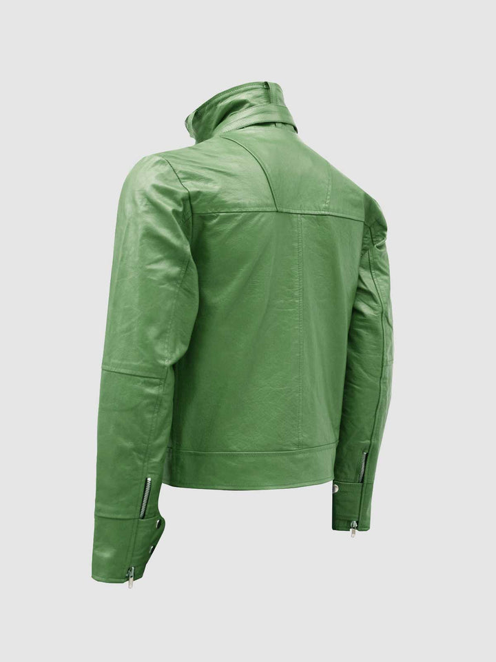 High Collar Green Leather Jacket
