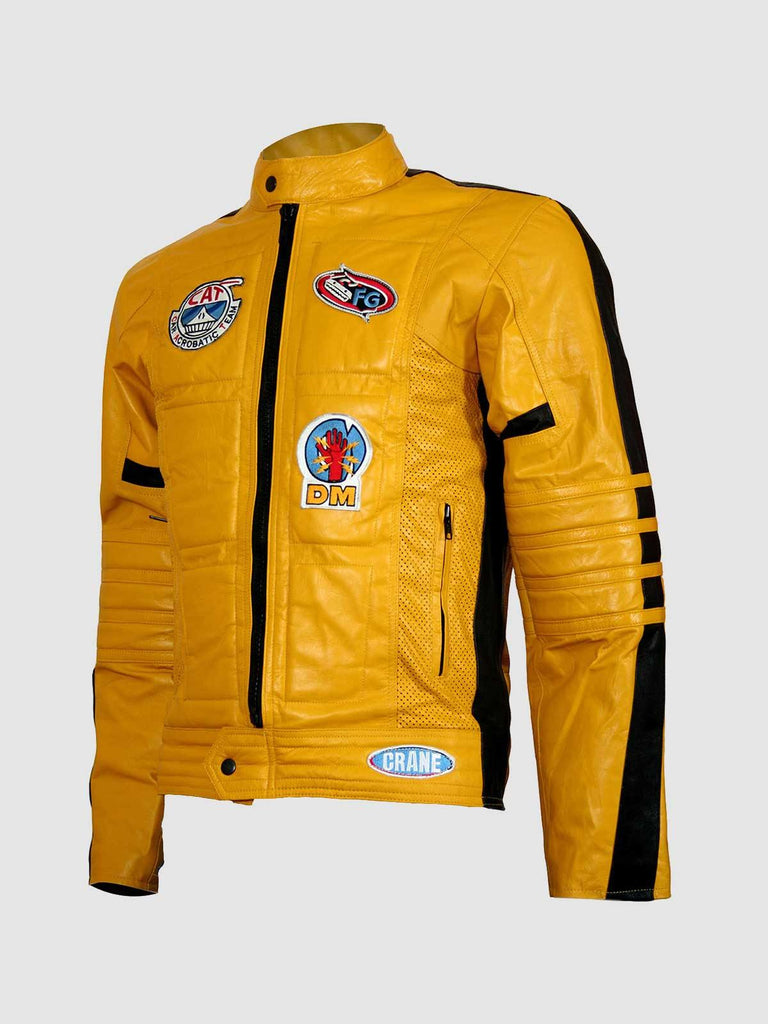 Black & Yellow Padded Biker Leather Jacket, Men Jacket